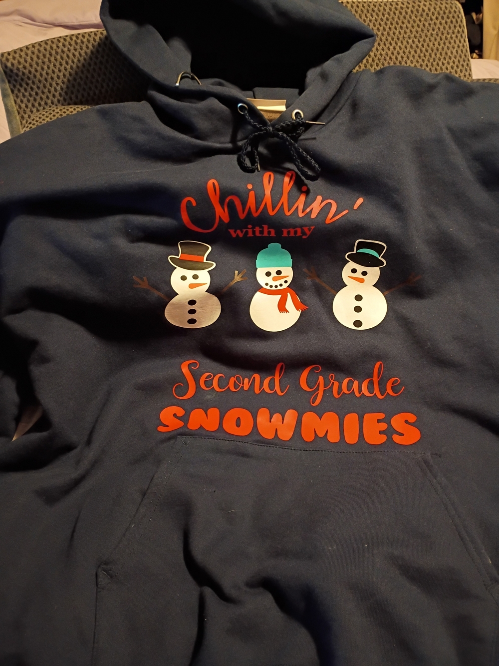 Hanes Navy Hoodie with Red & White Snowman Graphic